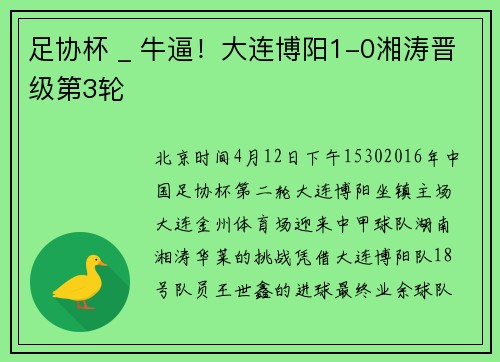 足协杯 _ 牛逼！大连博阳1-0湘涛晋级第3轮