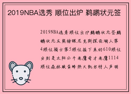 2019NBA选秀 顺位出炉 鹈鹕状元签