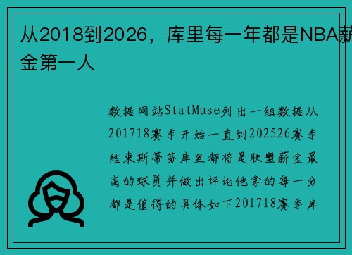 从2018到2026，库里每一年都是NBA薪金第一人